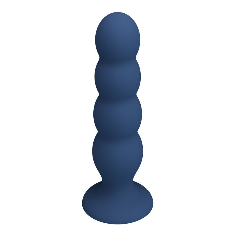 Plug anal lesté bleu à 4 billes métalliques vue arrière et forme de la base