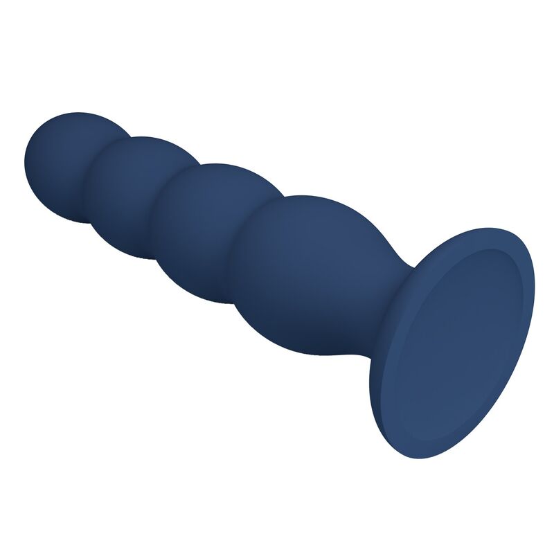 Plug anal lesté bleu à 4 billes métalliques profil complet sur fond blanc