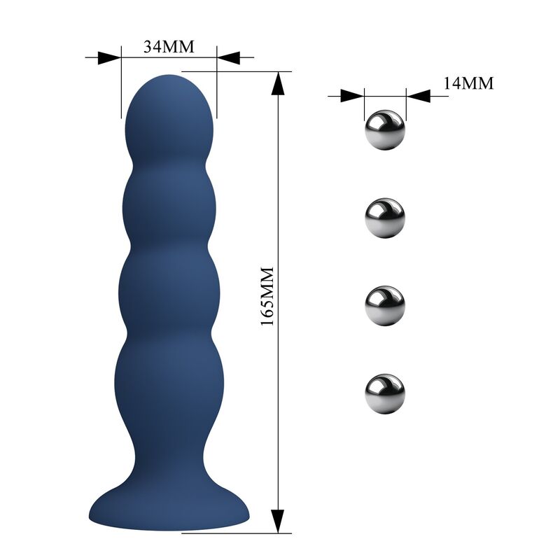 Plug anal lesté bleu à 4 billes métalliques schéma des dimensions : 16,5 cm au total, Ø 3,4 cm et billes de 1,4 cm