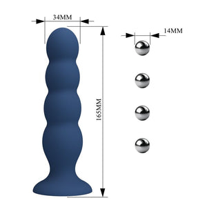 Plug anal lesté bleu à 4 billes métalliques schéma des dimensions : 16,5 cm au total, Ø 3,4 cm et billes de 1,4 cm