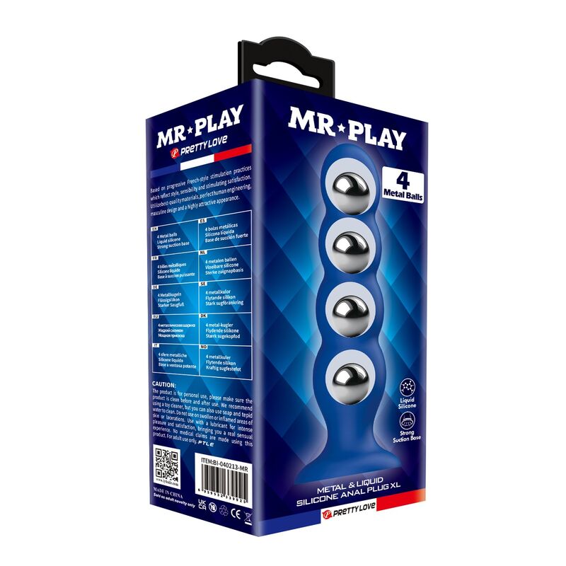 Plug anal lesté bleu à 4 billes métalliques boîte et présentation du produit