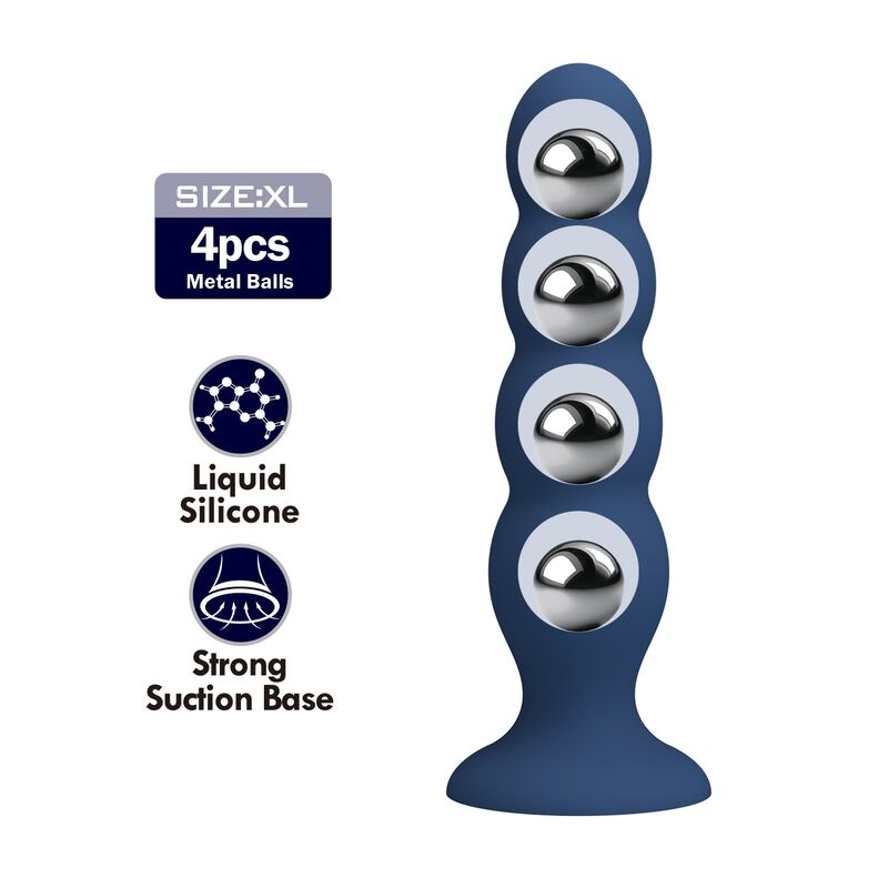 Plug anal lesté bleu à 4 billes métalliques vue de face, 4 renflements lestés et base ventouse