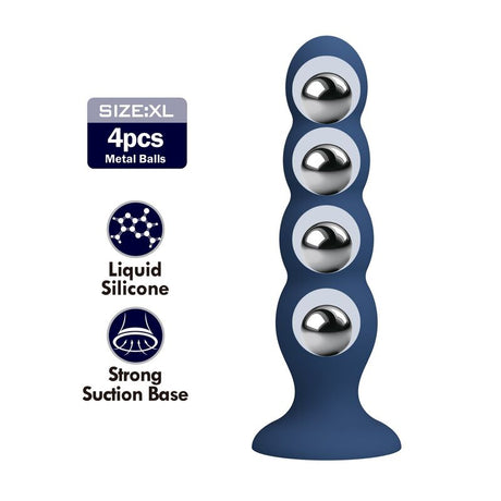 Plug anal lesté bleu à 4 billes métalliques vue de face, 4 renflements lestés et base ventouse
