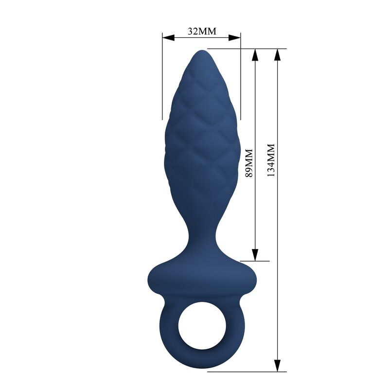 Plug anal texturé à anneau M bleu présenté horizontalement sur fond blanc