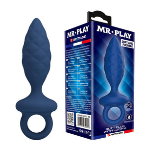 Plug anal texturé à anneau M bleu avec sa boîte MR PLAY, surface facettée et anneau extérieur