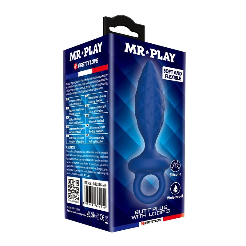 Plug anal texturé à anneau S bleu boîte et présentation du produit