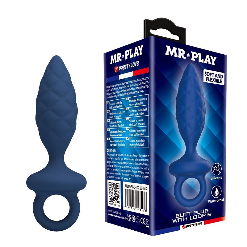 Plug anal texturé à anneau S bleu avec sa boîte MR PLAY, surface facettée et anneau extérieur