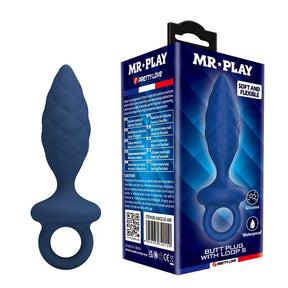 Plug anal texturé à anneau S bleu avec sa boîte MR PLAY, surface facettée et anneau extérieur