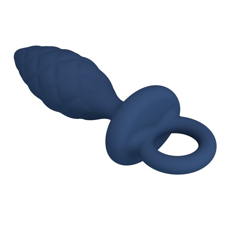 Plug anal texturé à anneau S bleu présenté horizontalement sur fond blanc