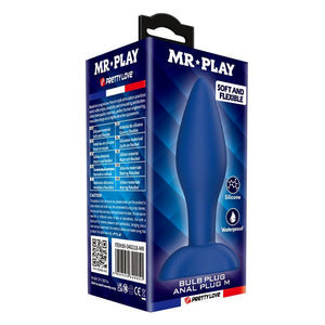 blauer Bulb M Analplug, Verpackung und Produktansicht