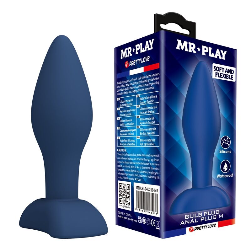blauer Bulb M Analplug mit MR PLAY Verpackung, glattes konisches Profil und ausgestellter Fuß