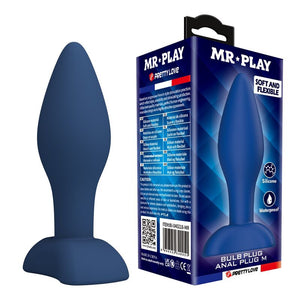 blauer Bulb M Analplug mit MR PLAY Verpackung, glattes konisches Profil und ausgestellter Fuß