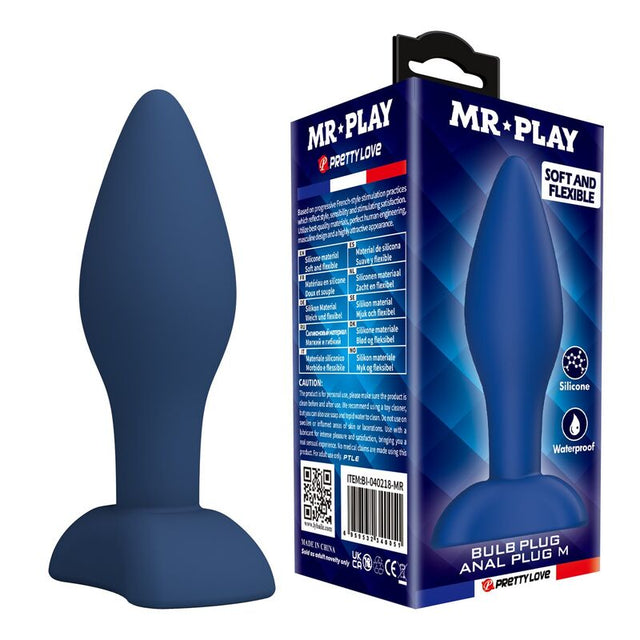 blauer Bulb M Analplug mit MR PLAY Verpackung, glattes konisches Profil und ausgestellter Fuß