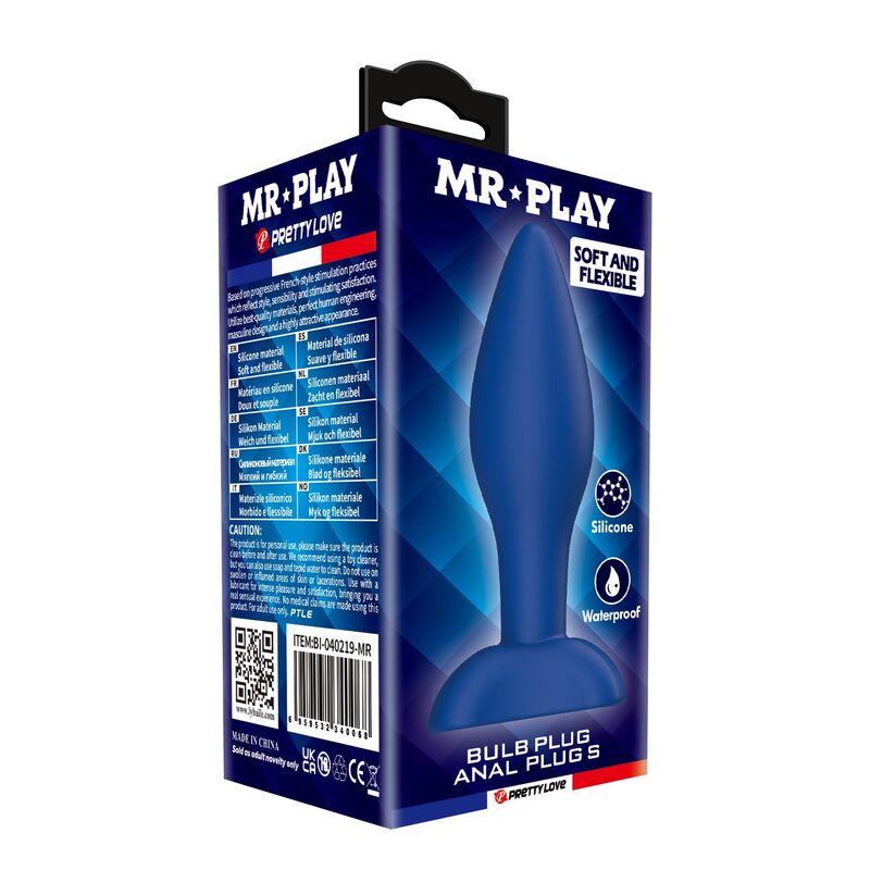 blauer Bulb S Analplug, Verpackung und Produktansicht