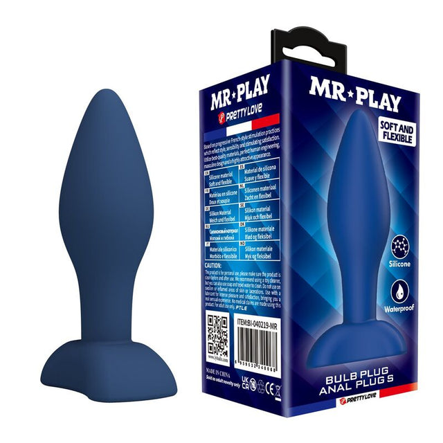 blauer Bulb S Analplug mit MR PLAY Verpackung, glattes konisches Profil und ausgestellter Fuß
