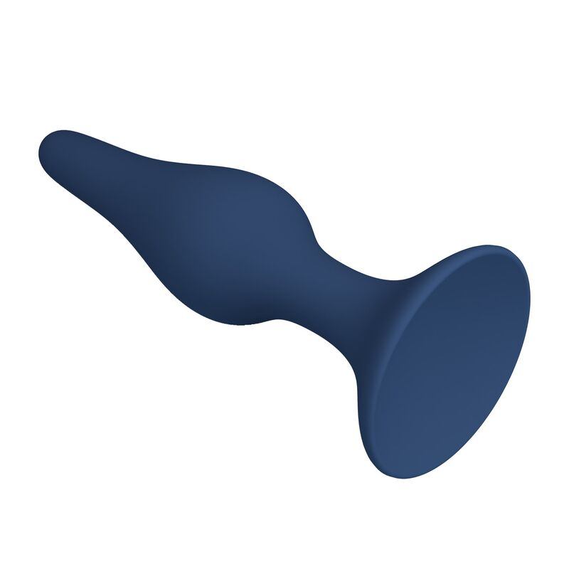 Dreiviertelansicht: blauer Slim XL Analplug mit sichtbaren Konturen