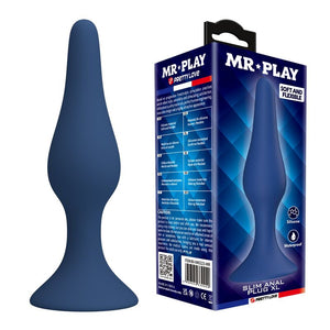 blauer Slim XL Analplug mit MR PLAY Verpackung, glattes konisches Profil und ausgestellter Fuß