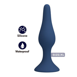 Vorderansicht: blauer Slim XL Analplug, glattes konisches Profil und ausgestellter Fuß