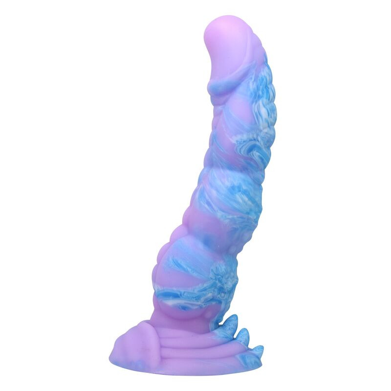 Gode fantasy Alien 20,5 cm en silicone lilas marbré de bleu, fût courbé et nervuré