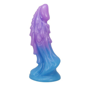Gode monstre Atlanteans en silicone violet et bleu, vu de profil avec sa base ventouse