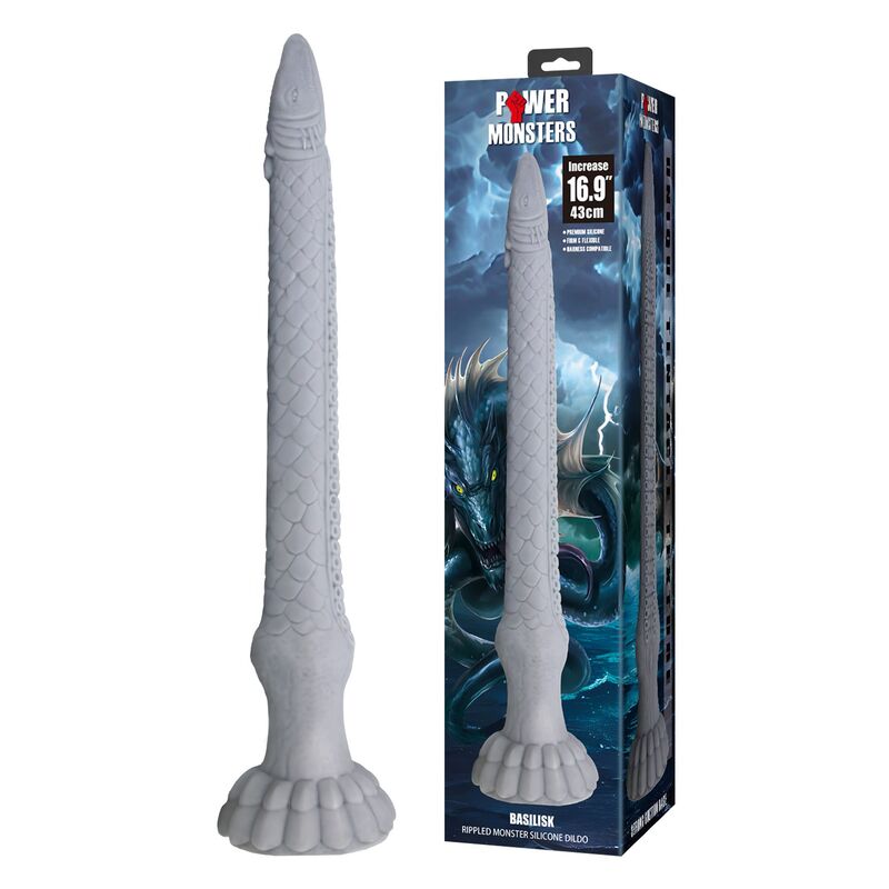 Gode fantaisie Basilisk gris présenté debout à côté de sa boîte Power Monsters