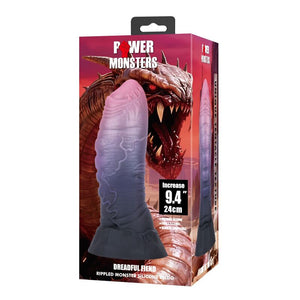 Gode monstre Dreadful Fiend en silicone rose, violet et gris, relief plissé et base évasée