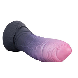 Gode monstre Dreadful Fiend en silicone rose, violet et gris, relief plissé et base évasée