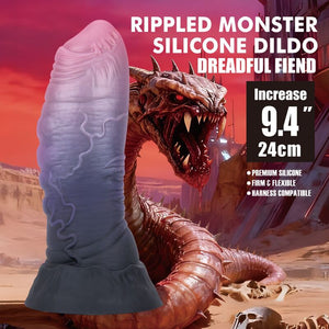 Gode monstre Dreadful Fiend en silicone rose, violet et gris, relief plissé et base évasée