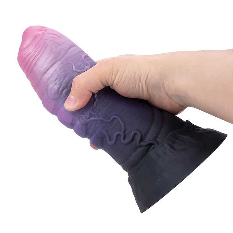 Gode monstre Dreadful Fiend en silicone rose, violet et gris, relief plissé et base évasée