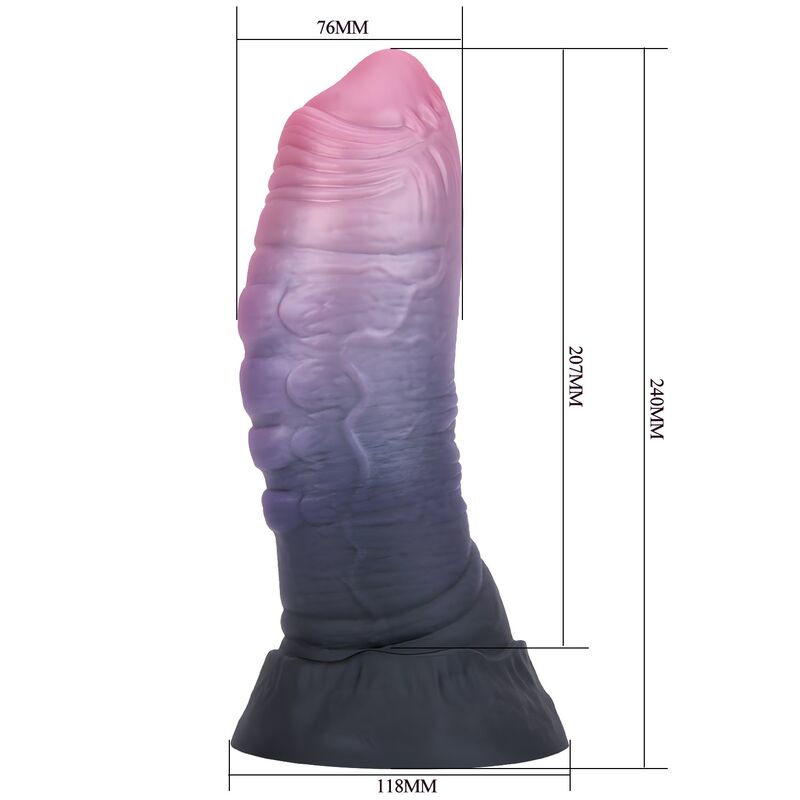 Gode monstre Dreadful Fiend en silicone rose, violet et gris, relief plissé et base évasée