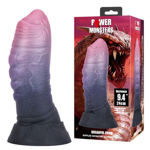 Gode monstre Dreadful Fiend en silicone rose, violet et gris, relief plissé et base évasée