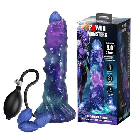 Duskwalker Sentinel dildo, its pump and its eggs placed next to the Power Monsters box