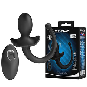 schwarzer ferngesteuerter Vibrationsplug mit MR PLAY Verpackung, Analkopf und gebogener Dammarm