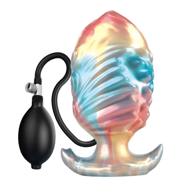 Plug anal gonflable Ebon Leviathan en silicone irisé, base en T et poire de gonflage