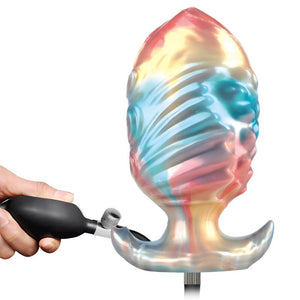 Plug anal gonflable Ebon Leviathan en silicone irisé, base en T et poire de gonflage