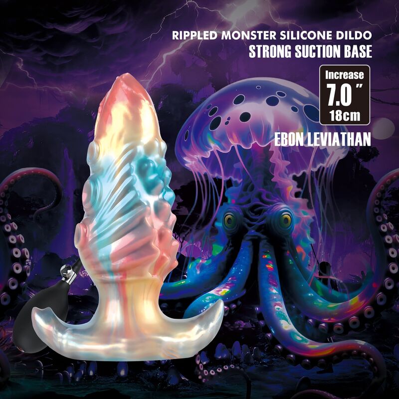 Plug anal gonflable Ebon Leviathan en silicone irisé, base en T et poire de gonflage