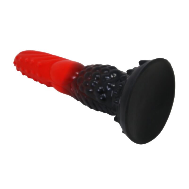 Gode monstre Fire Dragon couché, large ventouse noire vue de trois quarts