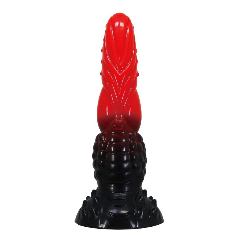 Gode monstre Fire Dragon en silicone rouge et noir, tête à picots et base ventouse