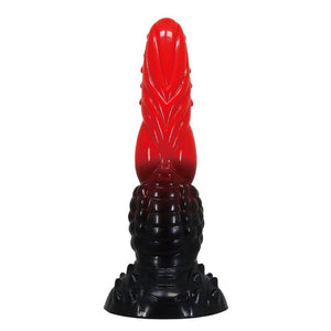 Gode monstre Fire Dragon en silicone rouge et noir, tête à picots et base ventouse