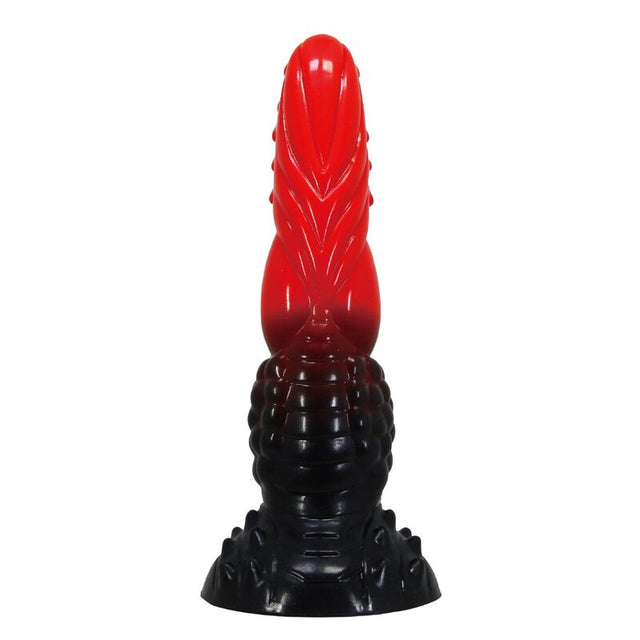 Gode monstre Fire Dragon en silicone rouge et noir, tête à picots et base ventouse