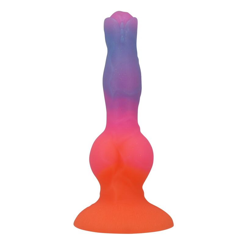 Fantasy-Dildo Hercules in Orange, Rosa und Blauviolett, Vorderansicht