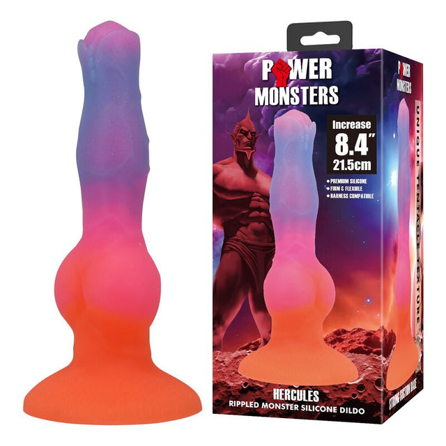 Fantasy-Dildo Hercules in Orange, Rosa und Blauviolett, Vorderansicht