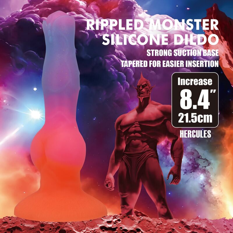 Fantasy-Dildo Hercules in Orange, Rosa und Blauviolett, Vorderansicht