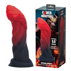 Gode monstre Goliath Infernal en silicone rouge et noir, couronne à plaques et base ventouse