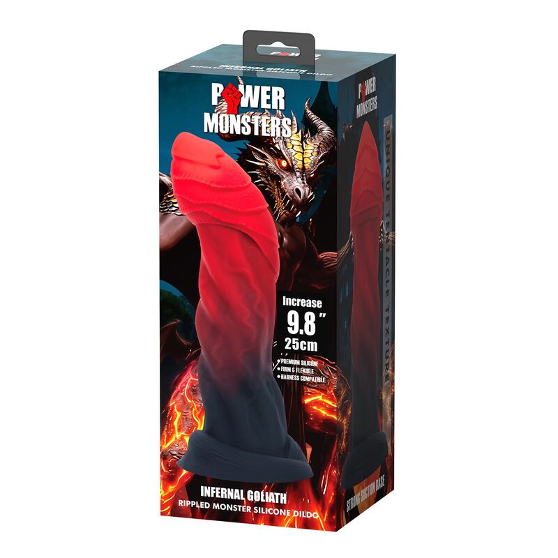 Gode monstre Goliath Infernal en silicone rouge et noir, couronne à plaques et base ventouse