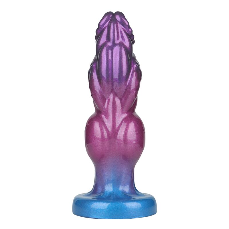 Gode gonflable Rift Titan en silicone violet et bleu, avec sa poire de gonflage noire