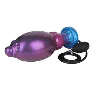 Gode gonflable Rift Titan en silicone violet et bleu, avec sa poire de gonflage noire