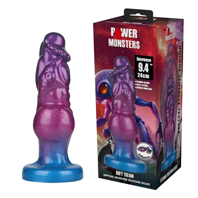 Gode gonflable Rift Titan en silicone violet et bleu, avec sa poire de gonflage noire