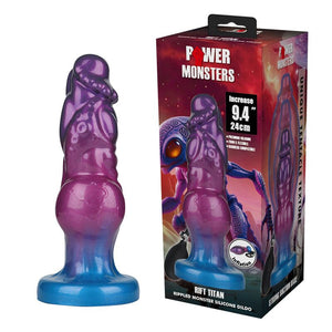 Gode gonflable Rift Titan en silicone violet et bleu, avec sa poire de gonflage noire