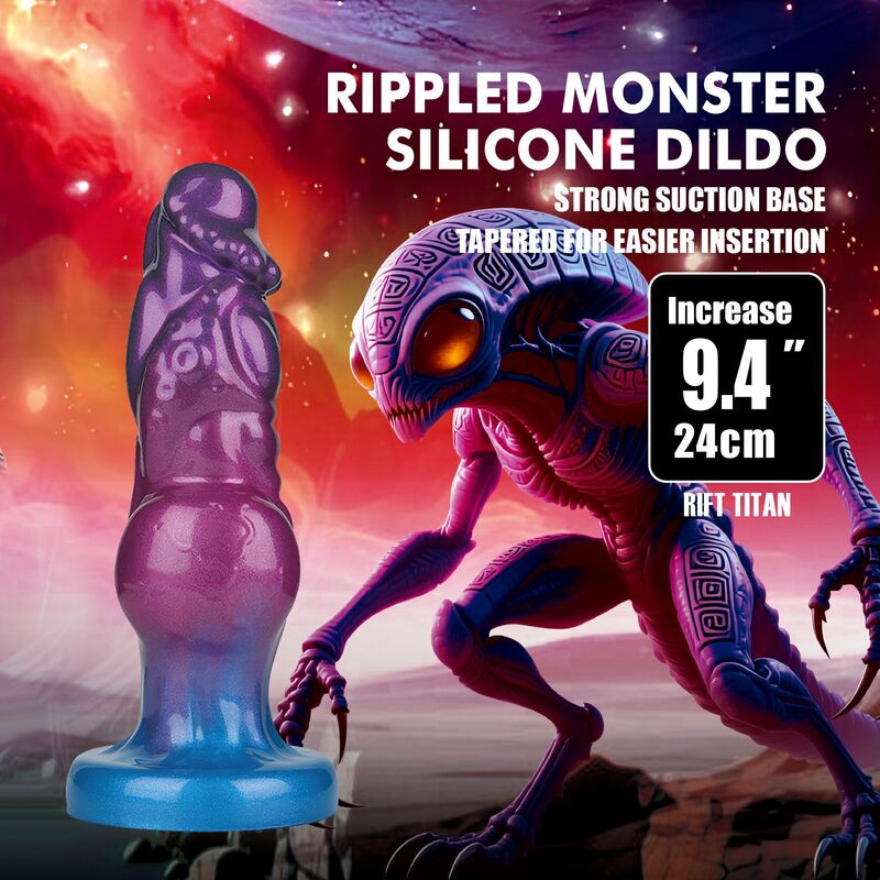 Gode gonflable Rift Titan en silicone violet et bleu, avec sa poire de gonflage noire